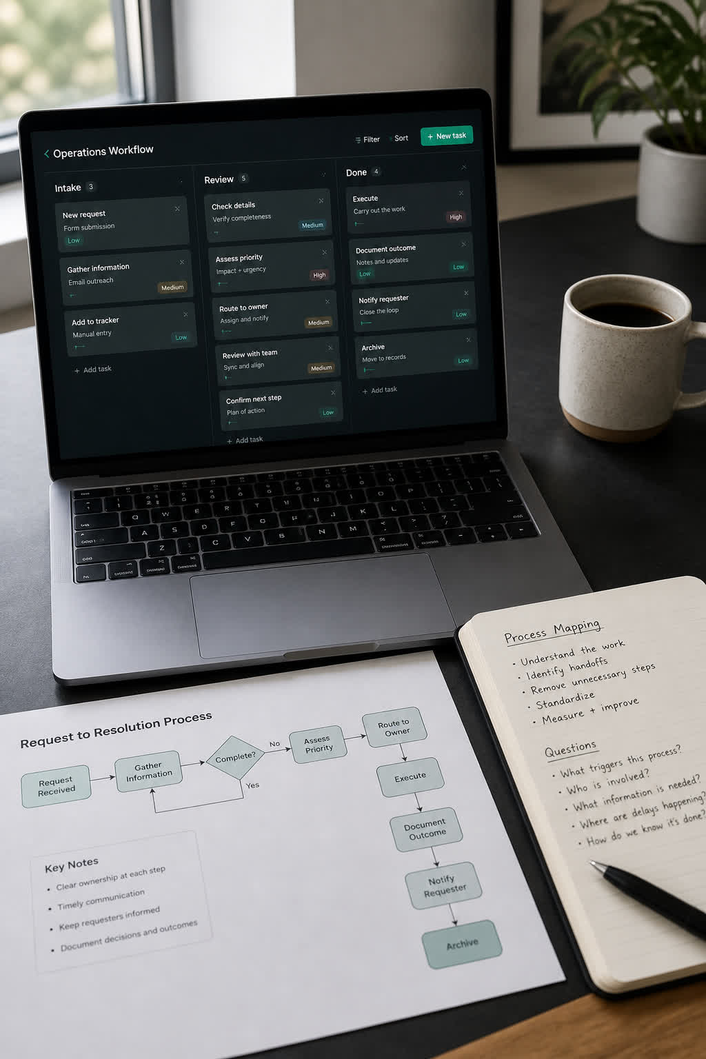 Laptop showing an operations workflow board next to a handwritten process map