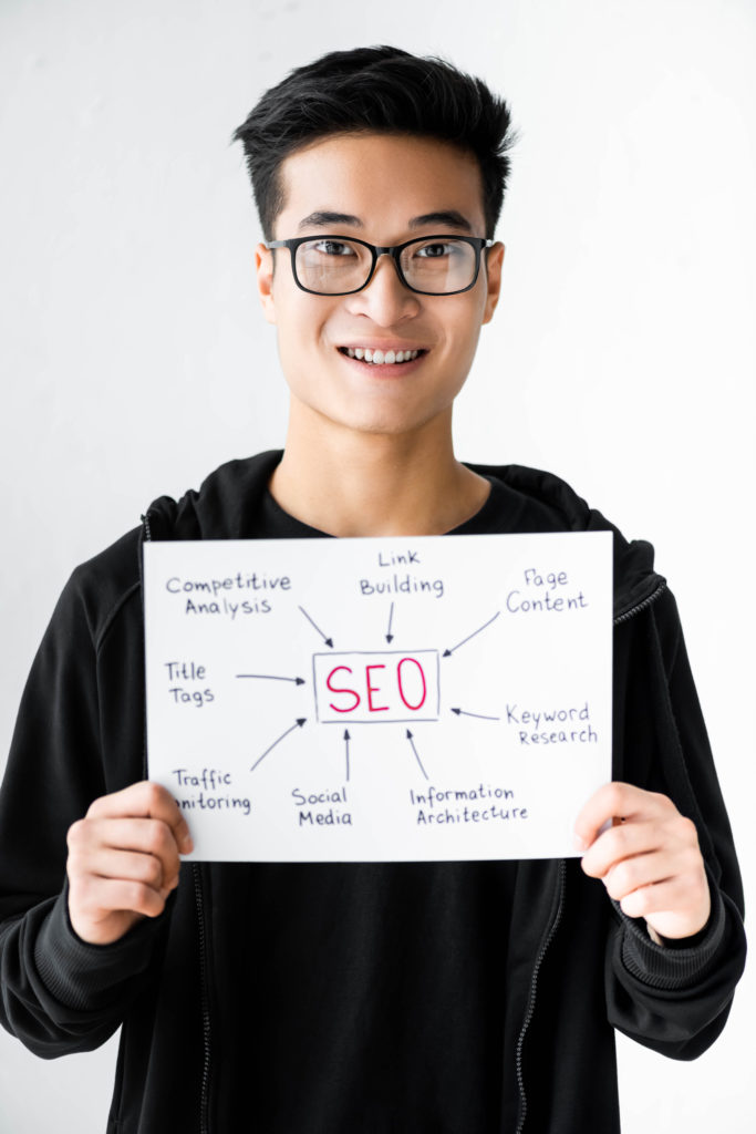 Man holding a paper with SEO written on it